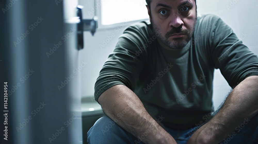 Close-up of man sitting on modern toilet looking slightly uncomfortable, clean minimalistic bathroom environment with copy space for text.