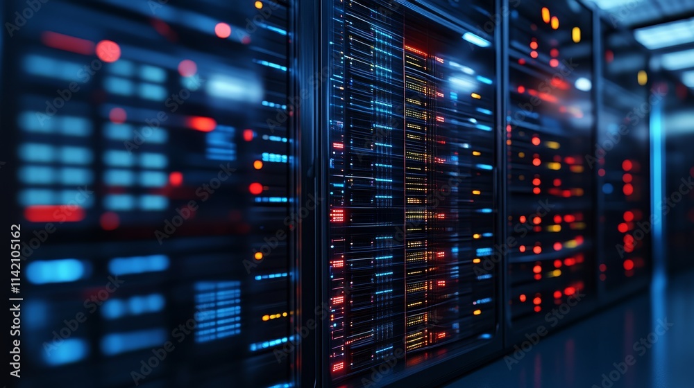 A high-tech data center featuring illuminated server racks with vibrant lights, showcasing advanced technology and storage capabilities. A high-tech data center featuring illuminated server racks with vibrant lights, showcasing advanced technology and storage capabilities.