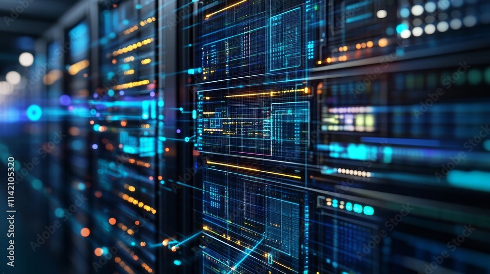 A close-up view of a modern data center with illuminated servers and digital connections, showcasing technology and data management.