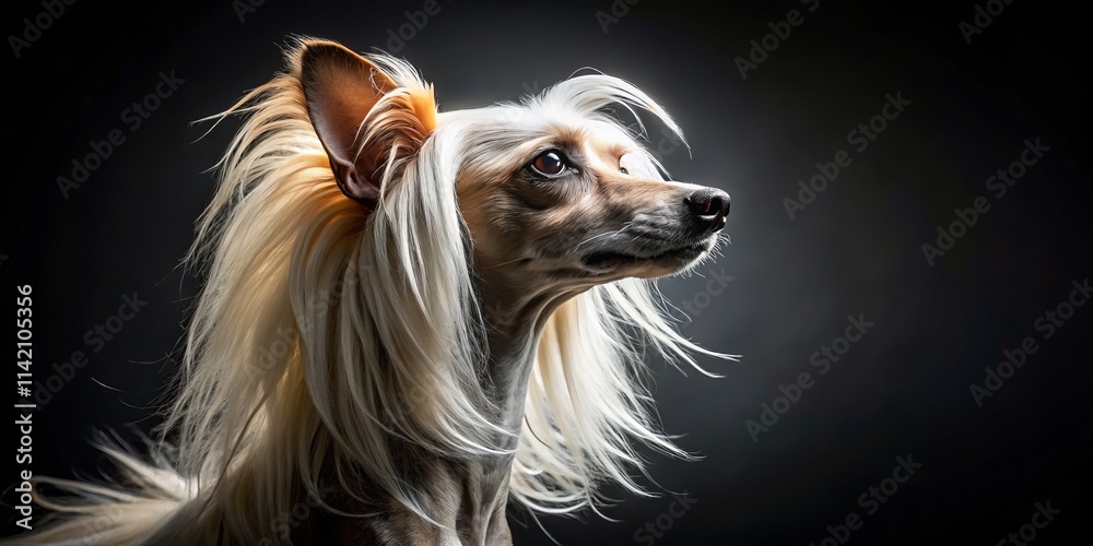 Naklejka premium Chinese Crested Dog Silhouette Eye Level Photo - Elegant Canine Profile, Dark Background, Artistic Pet Portrait