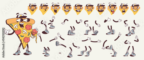 Pizza piece cartoon character with groovy comic faces set. Funny mascot with bundle of love, playful, wow, sad, fear, angry and other facial emotions, legs poses, hands gestures. Vector illustration.
