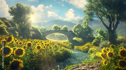 A rural countryside scene with lush green pastures and a wooden barn under warm golden sunlight during a clear summer day. photo