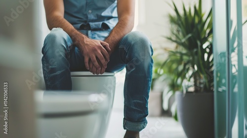 Close-up of man sitting on modern toilet looking slightly uncomfortable, clean minimalistic bathroom environment with copy space for text.