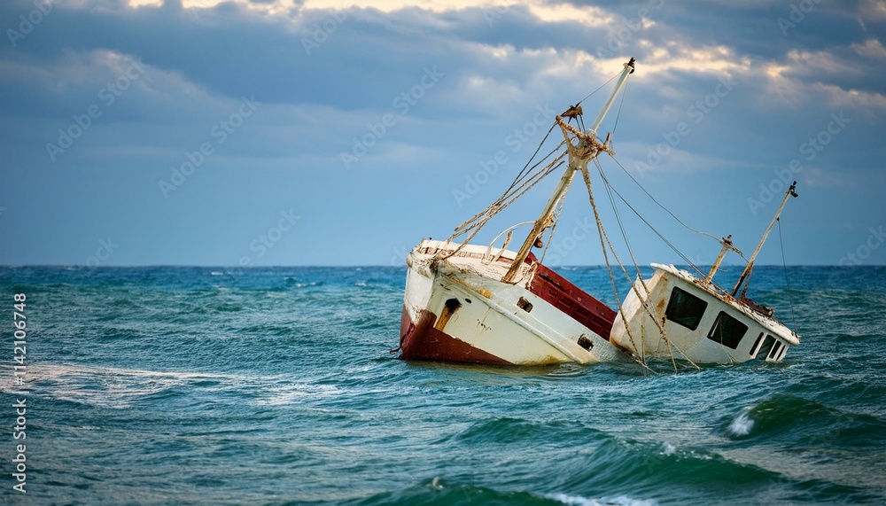 Fototapeta premium 물속에 반쯤 가라앉은 작은 배, 파도 위로 흔들리는 반파된 배의 일부