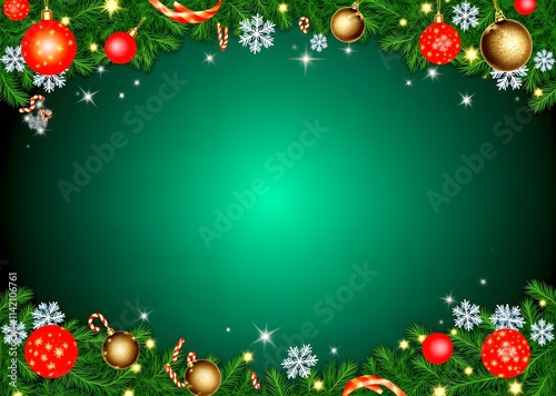 Christmas background with garland, ornaments, stars, and red and gold glitter decorations. Perfect for holiday banners and party posters