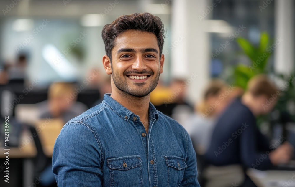 Happy young man in denim shirt smiles confidently at the camera while seated in a modern office environment filled with focused colleagues at work. Happy young man in denim shirt smiles confidently at the camera while seated in a modern office environment filled with focused colleagues at work.
