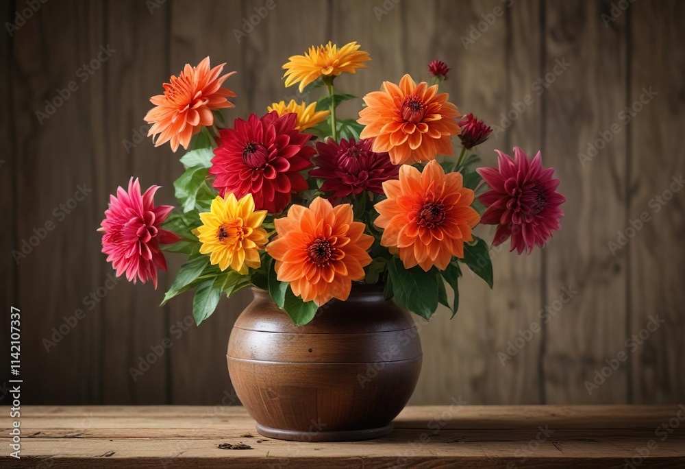 custom made wallpaper toronto digitalVintage dahlia blooms in a vase with a distressed wooden base, rustic background, distressed wood