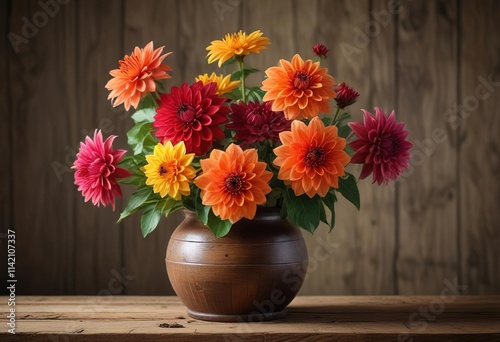 Wallpaper Mural Vintage dahlia blooms in a vase with a distressed wooden base, rustic background, distressed wood Torontodigital.ca