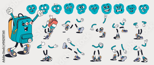 Schoolbag cartoon character with groovy comic faces set. Funny backpack mascot with bundle of love, fear, sick, smile, angry and other facial emotions, legs poses, hands gestures. Vector illustration.