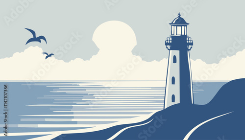 Lighthouse on the seashore with seagulls.