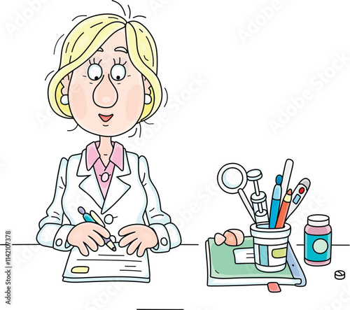 Doctor young woman working on medical documents at her desk and preparing to receive and listen to a patient in a consulting room of a hospital or polyclinic, vector cartoon illustration on white