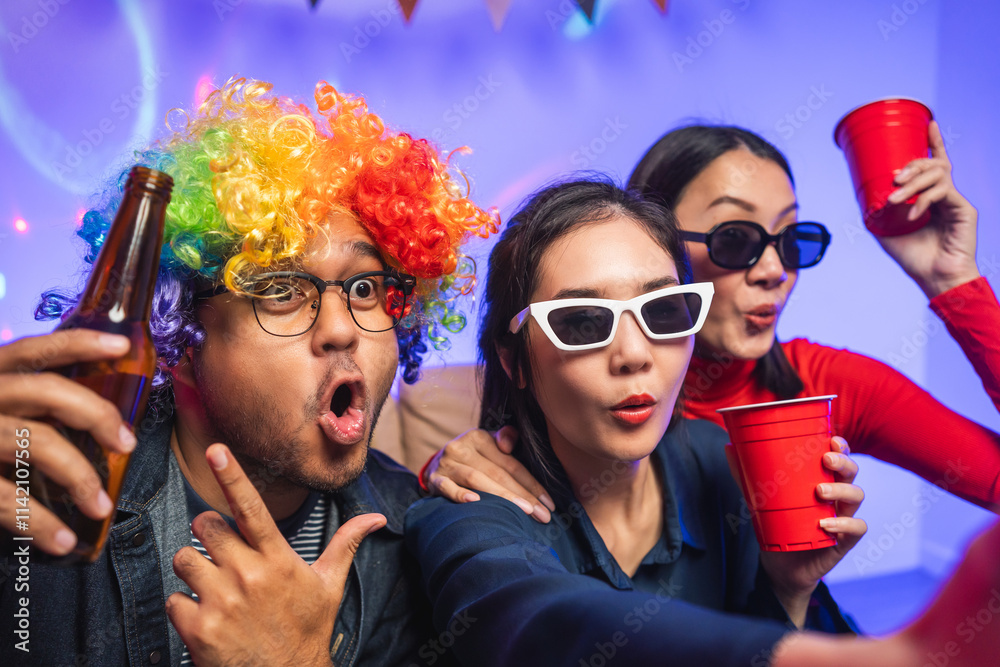 Fototapeta premium New Year's Party. Group of asian friend party in the house with disco light having fun and dancing together. Enjoy Singing karaoke listening music drinking beer celebration in new year happy hour.