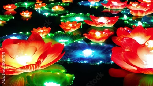 red and green water tulips in the night
