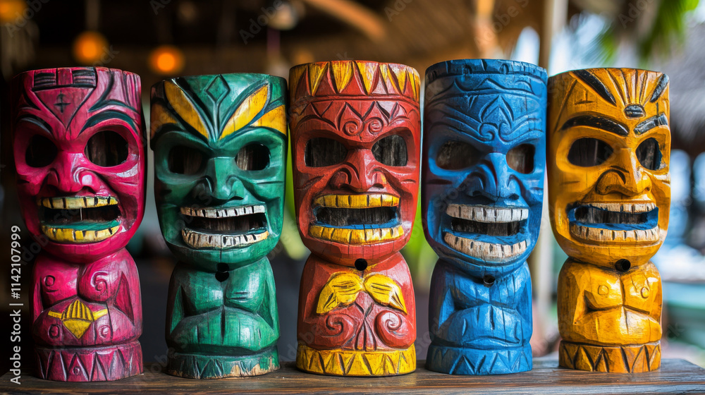 Tiki mask cartoon vector illustration set. Collection of brightly decorated colored wooden face elements of Hawaiian ethnic tribal peoples. Totem traditional decorative cultural statues ofs. Tiki mask cartoon vector illustration set. Collection of brightly decorated colored wooden face elements of Hawaiian ethnic tribal peoples. Totem traditional decorative cultural statues ofs.