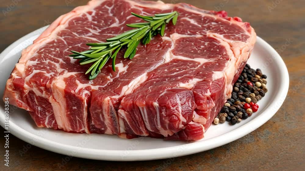 Fresh cut ribeye steak garnished with rosemary and pepper on a white plate ready for grilling Fresh cut ribeye steak garnished with rosemary and pepper on a white plate ready for grilling