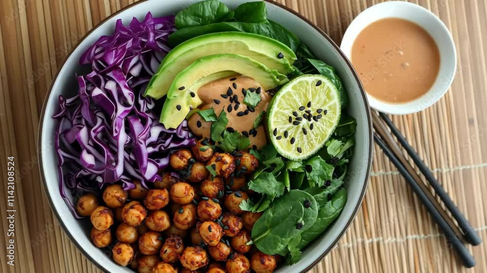A top-down view of a colorful Buddha bowl filled with digital A top-down view of a colorful Buddha bowl filled with digital