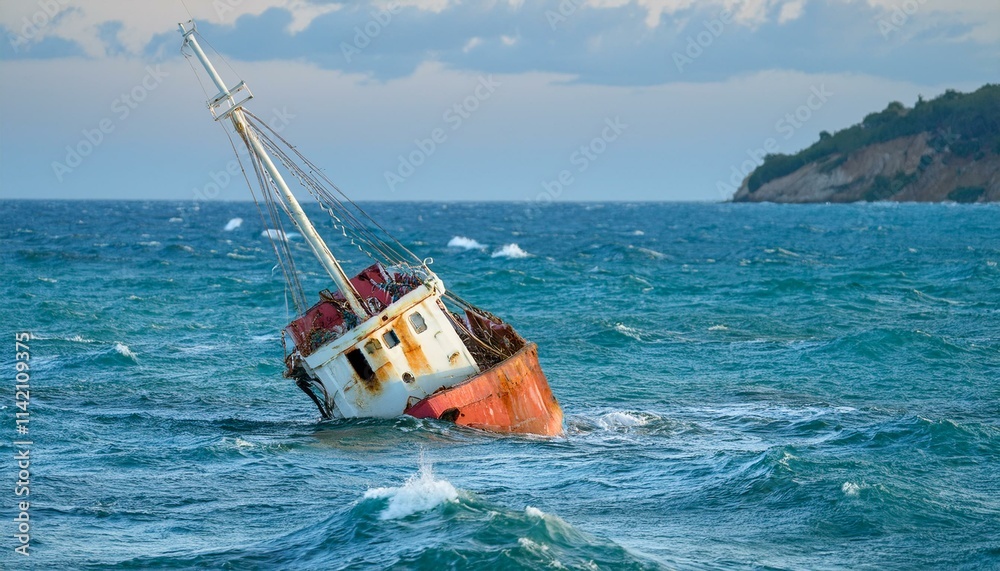 Obraz premium Generated 물속에 반쯤 가라앉은 작은 배, 파도 위로 흔들리는 반파된 배의 일부mage