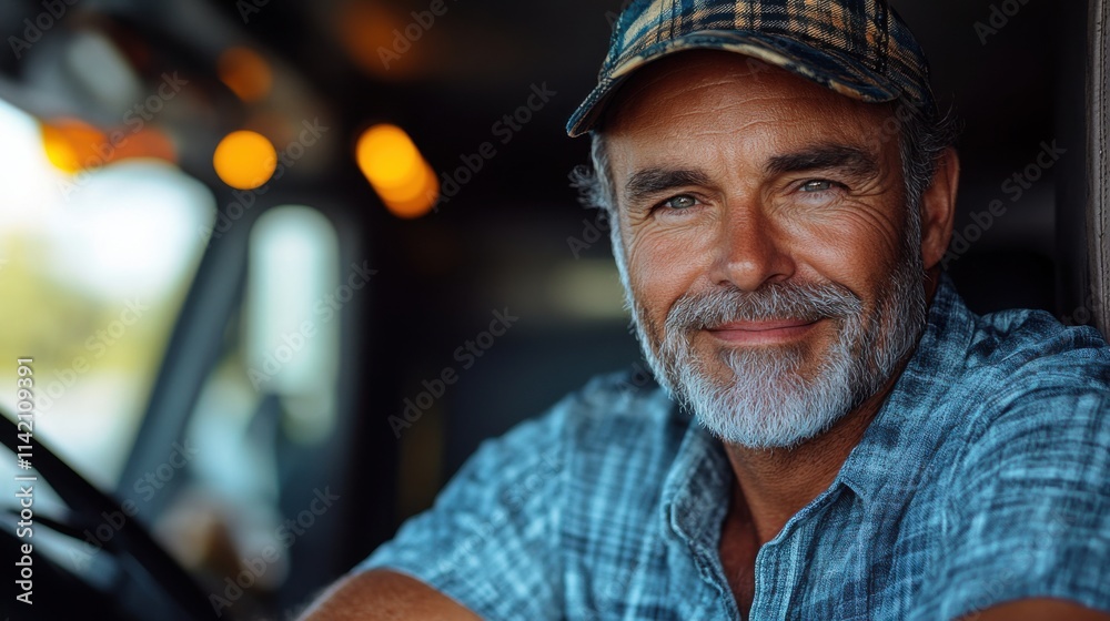 Smiling older man in plaid cap and denim shirt sitting in vehicle driver seat. Warm expression, truck driver portrait, outdoor lifestyle, seasoned professional.