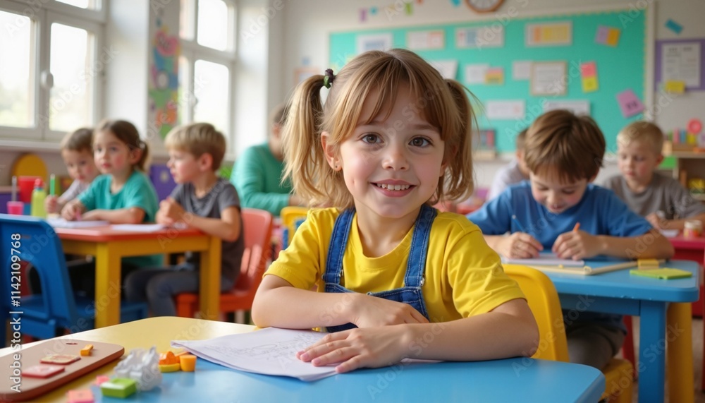 Eager to learn first-grade students seated at desks in classroom setting Eager to learn first-grade students seated at desks in classroom setting