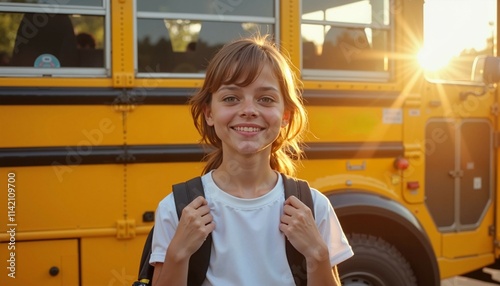 Young students standing in front of bright yellow school bus on first school day photo