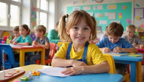 Eager to learn first-grade students seated at desks in classroom setting