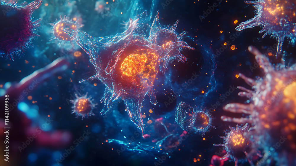 Cosmic Cell Dance: A mesmerizing microscopic view of vibrant cells interacting, their intricate structures glowing with bioluminescent energy.  A captivating image perfect for science, medicine.