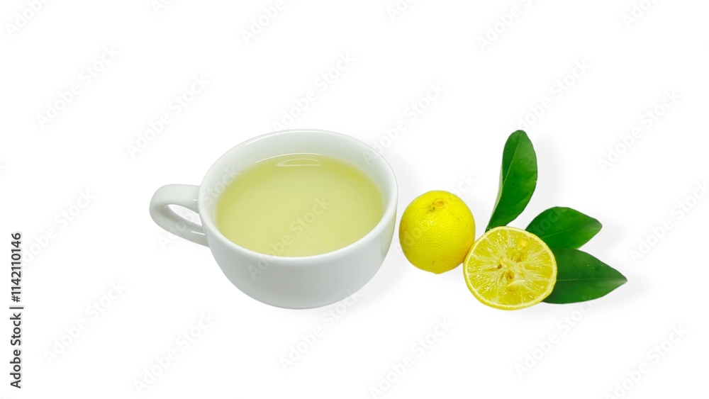 A cup of lemon wedang or lemon tea in a cup and saucer served with lemon slices on a white background. A cup of hot lemon juice for health. A cup of lemon wedang or lemon tea in a cup and saucer served with lemon slices on a white background. A cup of hot lemon juice for health.