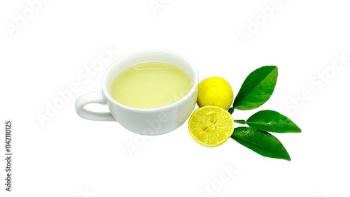 A cup of lemon wedang or lemon tea in a cup and saucer served with lemon slices on a white background. A cup of hot lemon juice for health.