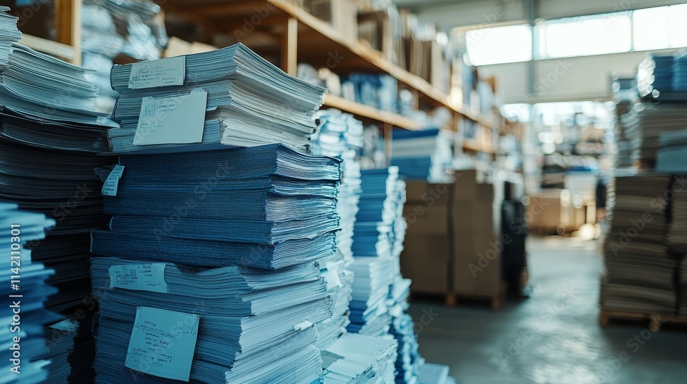 Obraz premium Books Ready for Delivery in a Publisher's Warehouse, Hardcover and Softcover Stacks, Bookshop Supply, Publishing Industry, and Distribution Concept.