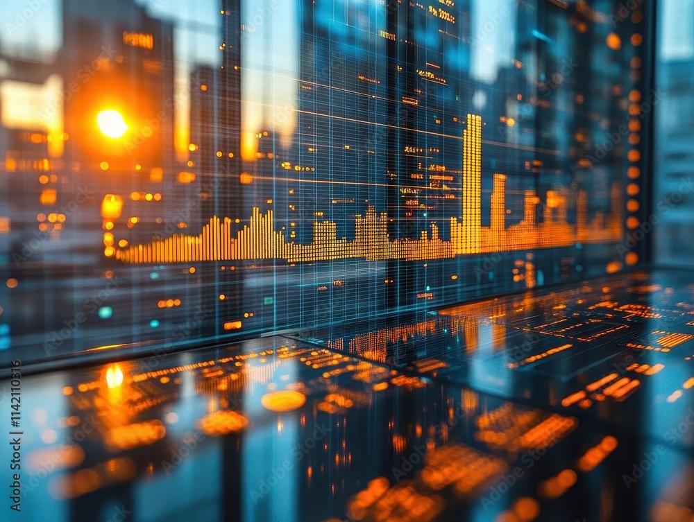 A bright study where glowing data visualizations track energy savings and efficiency, sunlight enhancing the atmosphere A bright study where glowing data visualizations track energy savings and efficiency, sunlight enhancing the atmosphere