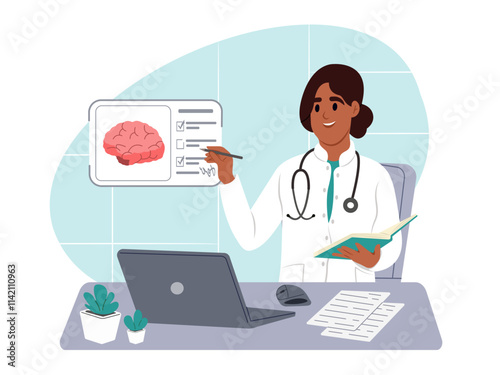 Doctor looks at a brain scan on a virtual screen while sitting at a table in a hospital. Diagnosis and treatment of brain disease. Vector flat illustration