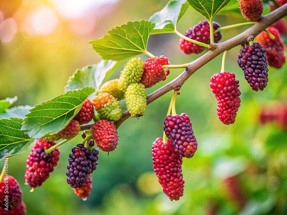Close-Up Blooming Mulberry Tree in Garden - Lush Nature Background Close-Up Blooming Mulberry Tree in Garden - Lush Nature Background
