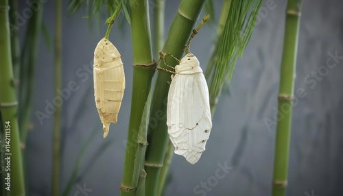 Small white butterfly chrysalis on a branch of bamboo cane, garden, outdoor, Pieris rapae