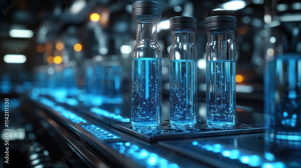 Futuristic Laboratory: Blue Liquid Samples on Conveyor Belt Futuristic Laboratory: Blue Liquid Samples on Conveyor Belt