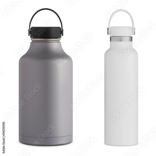 Steel metal water bottle vector illustration, reusable thermos package template. Tourism, cycling or climbing sport tin. Insulated aluminum container with handle, promotion blank