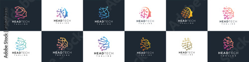 Collection of human head smart technology logo design templates. human head, mind and technology logo icon