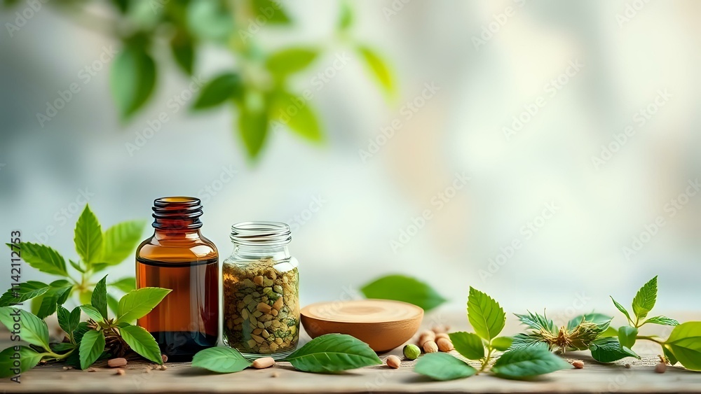 Organic Herbal Medicine Arrangement with Glass Bottles of Essential Oils & Natural Herbs on Wooden Surface, Highlighting Holistic Health, Wellness, & Botanical Remedies in Peaceful Garden Environment Organic Herbal Medicine Arrangement with Glass Bottles of Essential Oils & Natural Herbs on Wooden Surface, Highlighting Holistic Health, Wellness, & Botanical Remedies in Peaceful Garden Environment