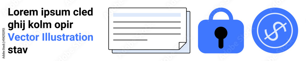 Document icon, blue padlock and encrypted symbol on white background. Ideal for data security, privacy policies, cybersecurity, encryption technology, secure document handling, online safety. Banner Document icon, blue padlock and encrypted symbol on white background. Ideal for data security, privacy policies, cybersecurity, encryption technology, secure document handling, online safety. Banner