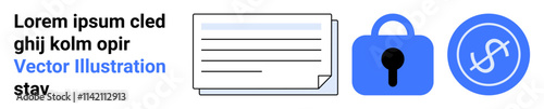 Document icon, blue padlock and encrypted symbol on white background. Ideal for data security, privacy policies, cybersecurity, encryption technology, secure document handling, online safety. Banner