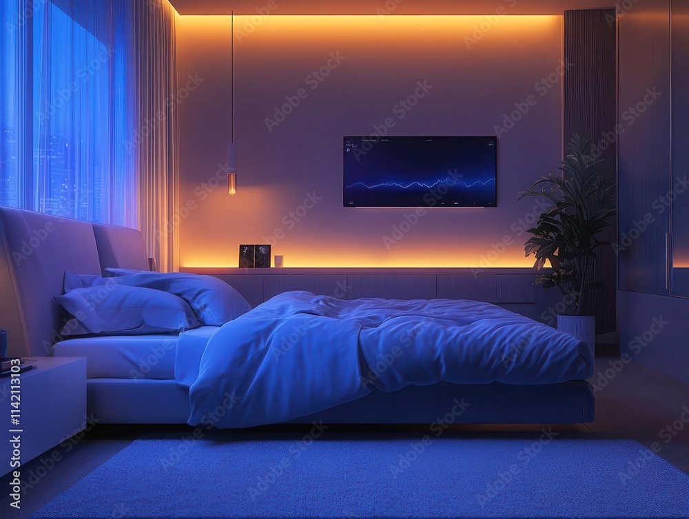 A serene bedroom where a glowing tablet tracks sleep data and adjusts settings for optimized rest A serene bedroom where a glowing tablet tracks sleep data and adjusts settings for optimized rest