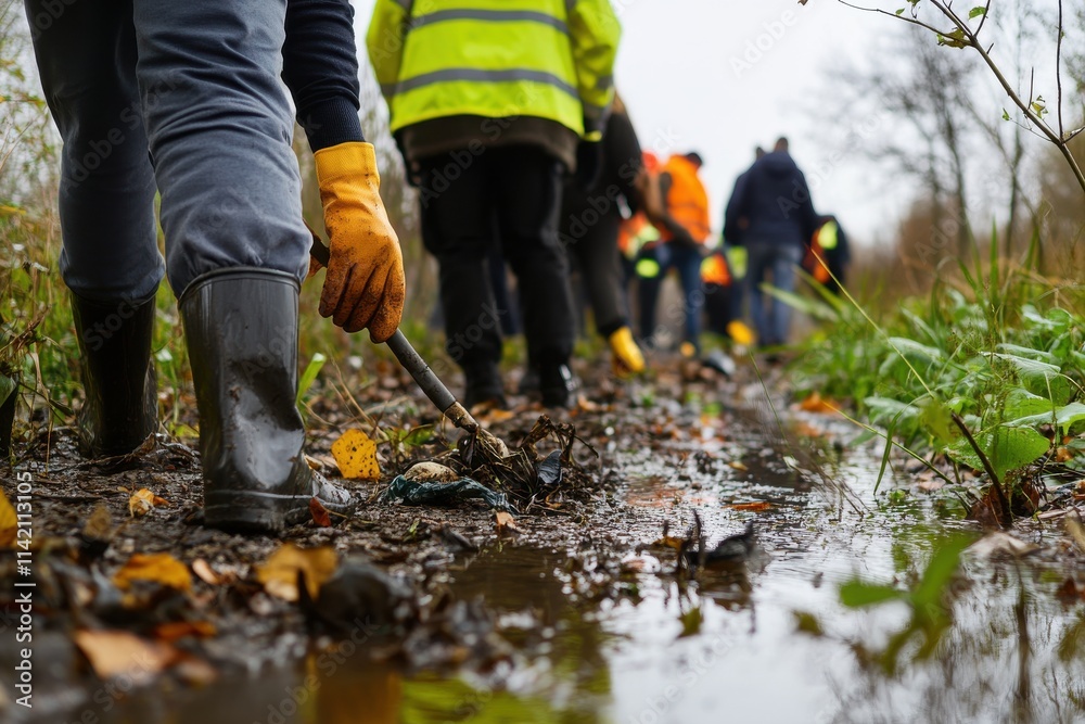 Volunteers Collecting Trash from Riverbank in Soft Morning Light, Wearing Gloves and Safety Vests Amid Natural Forest Environment for Environmental Cleanup Initiative Volunteers Collecting Trash from Riverbank in Soft Morning Light, Wearing Gloves and Safety Vests Amid Natural Forest Environment for Environmental Cleanup Initiative
