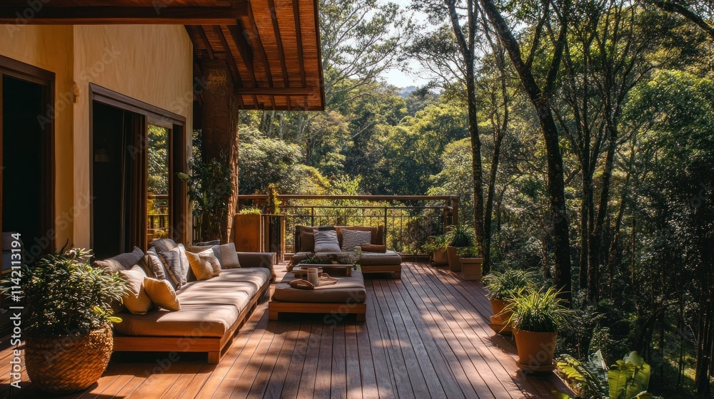 Obraz premium Secluded deck with outdoor furniture overlooking lush forest.