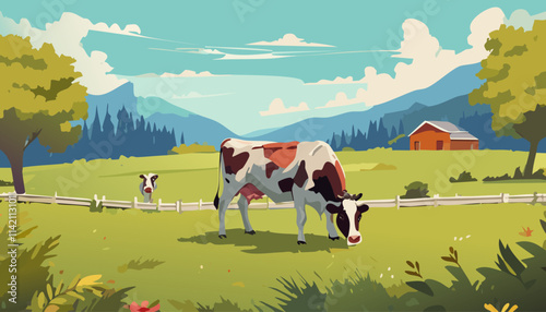 Cows grazing on meadow in the mountains. Vector illustration.