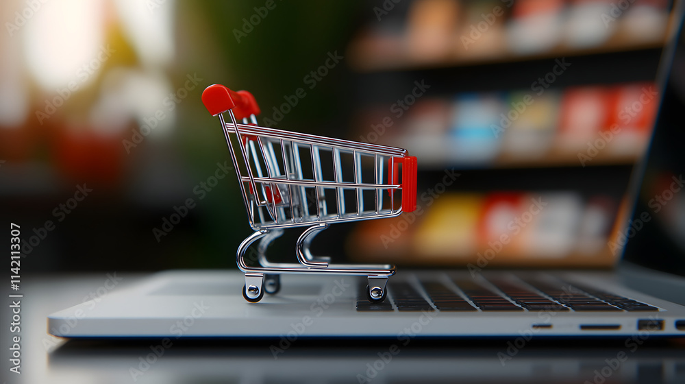 A small shopping cart placed on top of a laptop computer, symbolizing online shopping and e-commerce, highlighting the convenience and modern trends of digital retail and consumerism.
A small shopping cart placed on top of a laptop computer, symbolizing online shopping and e-commerce, highlighting the convenience and modern trends of digital retail and consumerism.