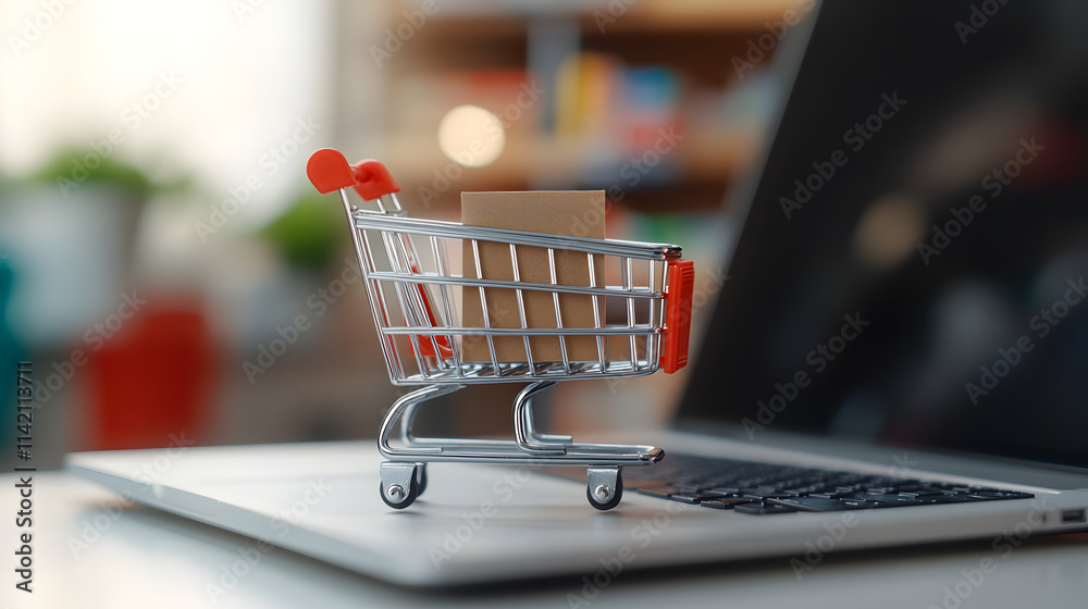 A small shopping cart placed on top of a laptop computer, symbolizing online shopping and e-commerce, highlighting the convenience and modern trends of digital retail and consumerism.
A small shopping cart placed on top of a laptop computer, symbolizing online shopping and e-commerce, highlighting the convenience and modern trends of digital retail and consumerism.