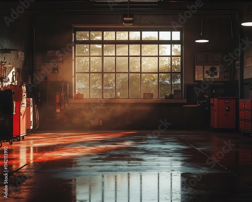 A serene garage where motionactivated sensors glow faintly as sunlight pours in through high windows photo