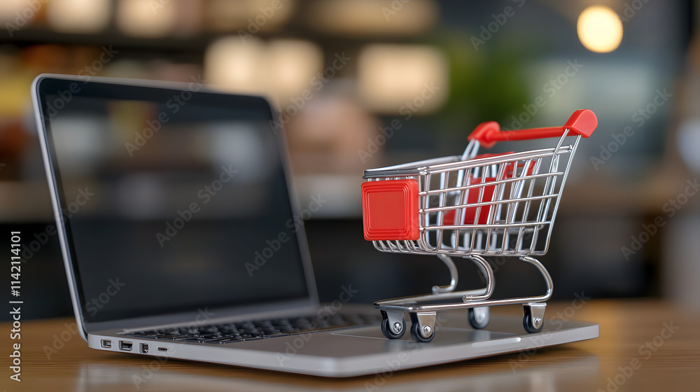A small shopping cart placed on top of a laptop computer, symbolizing online shopping and e-commerce, highlighting the convenience and modern trends of digital retail and consumerism.
A small shopping cart placed on top of a laptop computer, symbolizing online shopping and e-commerce, highlighting the convenience and modern trends of digital retail and consumerism.