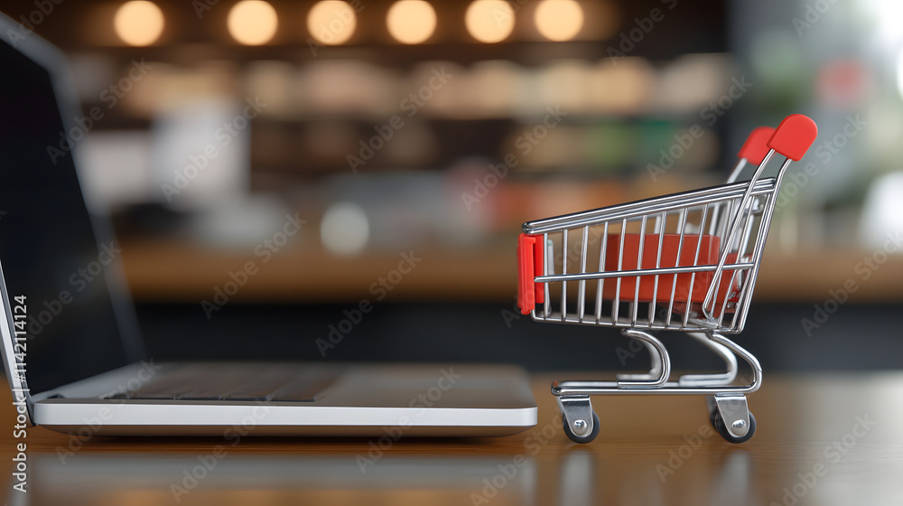 A small shopping cart placed on top of a laptop computer, symbolizing online shopping and e-commerce, highlighting the convenience and modern trends of digital retail and consumerism.
A small shopping cart placed on top of a laptop computer, symbolizing online shopping and e-commerce, highlighting the convenience and modern trends of digital retail and consumerism.