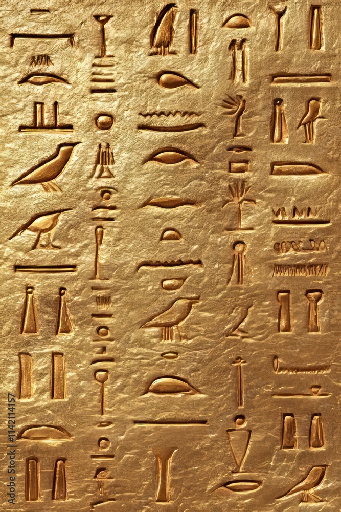 Ancient Egyptian Hieroglyphics Golden Wall Carving with Birds and Symbols, Historical Background Ancient Egyptian Hieroglyphics Golden Wall Carving with Birds and Symbols, Historical Background