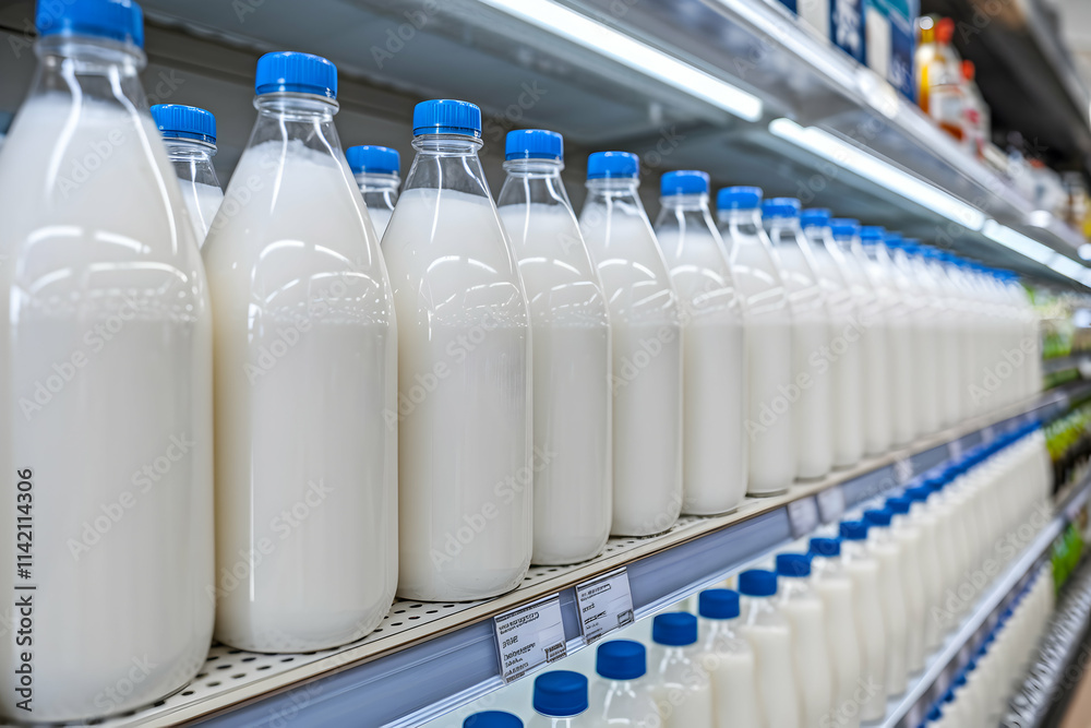 Milk bottles neatly aligned on shelves in clean, organized indoor dairy setting Milk bottles neatly aligned on shelves in clean, organized indoor dairy setting